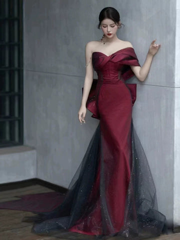 Mermaid Off The Shoulder Burgundy Long Party Dress Satin Prom Dresses SD1467 HZ0628
